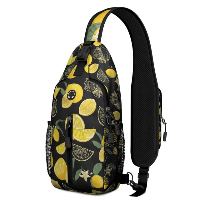 Yellow Lemon Print Crossbody Daypack, Cute Summer Fruit Design Sling Backpack with Retro Vintage Floral Patterns, Lightweight and Adjustable Shoulder Strap