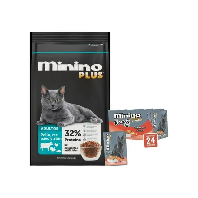 Minino Plus 10 Kg + Sobres Recetas Salmón A La Plancha 85 g (24 Pzas)