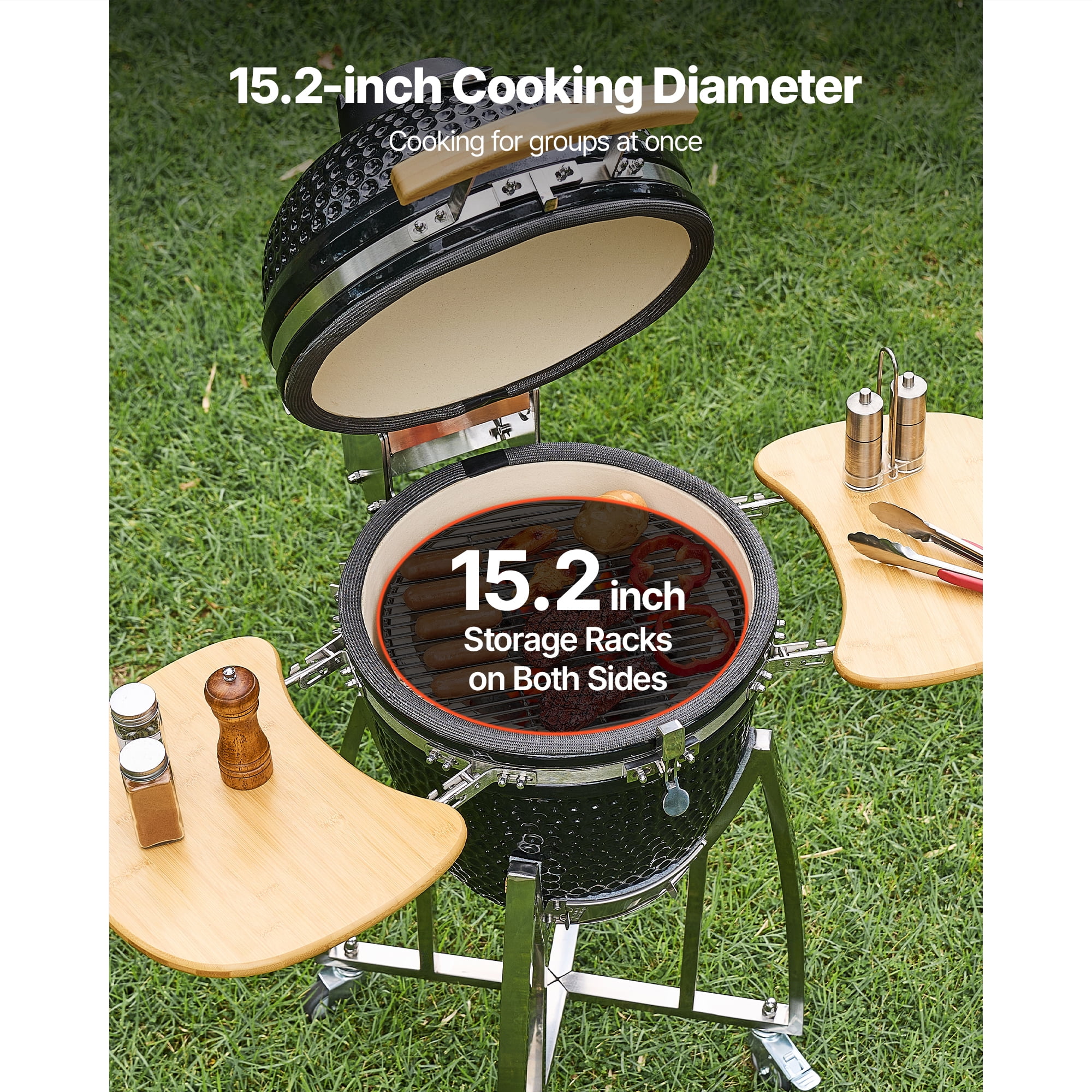 KFFKFF 18" Charcoal BBQ Smoker and Grill, Portable Ceramic Barbecue with Wheels, Built-in Thermometer, and Side Shelves for Outdoor Cooking