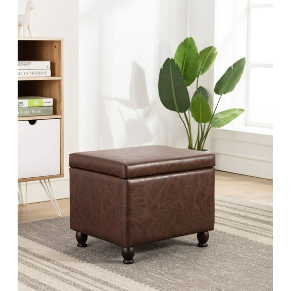Wovenbyrd Maywood Large Rectangle Storage Ottoman, Hinged Lid, Dark Brown Leather, 1 Pack