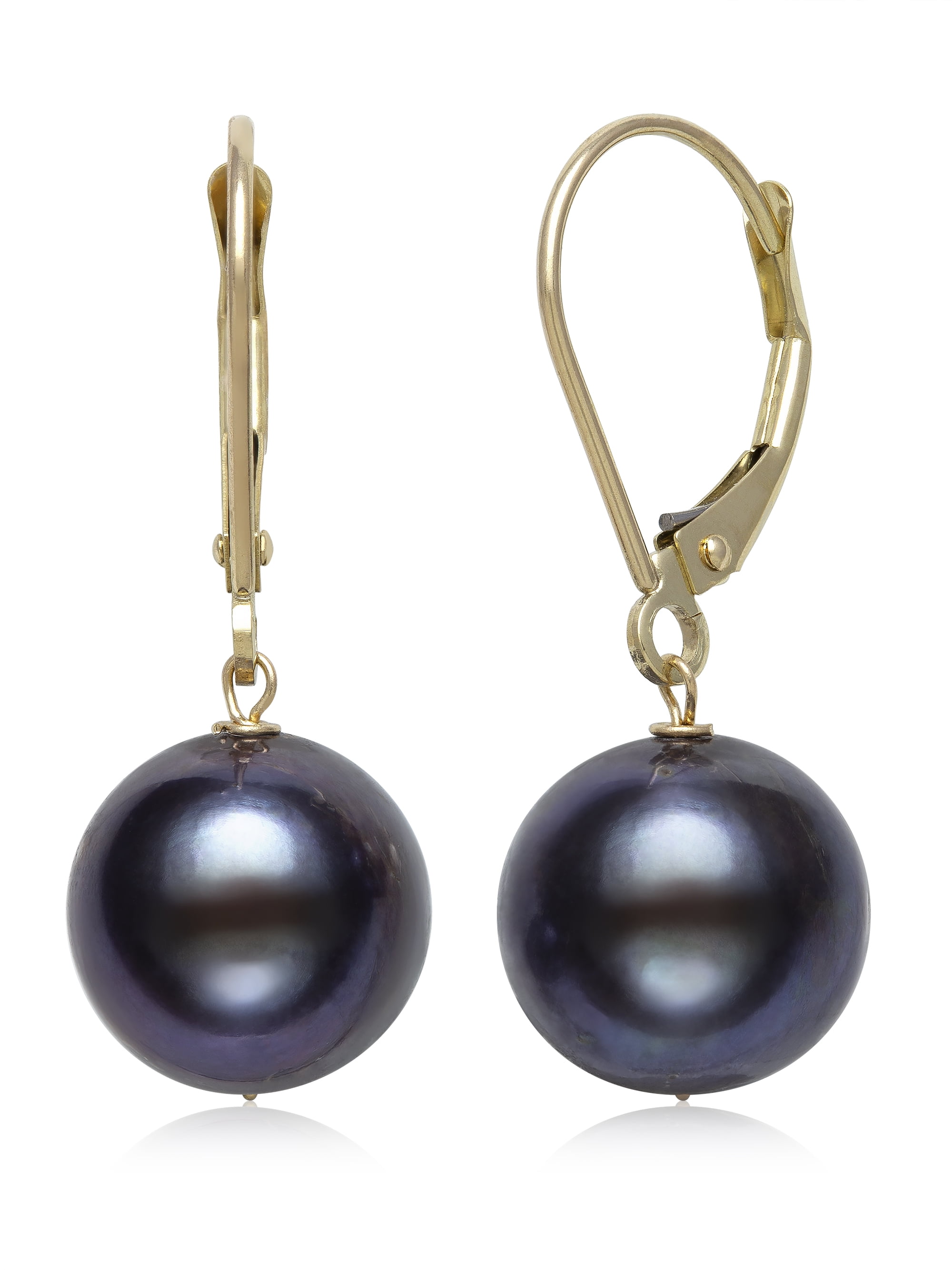 14k Solid Yellow Gold Leverback Raindrop Black Cultured Pearl Dangle Earring TPJ 