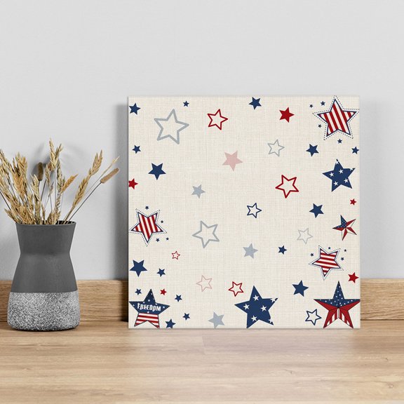 4th of July Stars Wall Art Painting on Canvas, US Flag burlap Texture Canvas Art Home Prints Wall Art Framed Modern Artwork for Living Room Bedroom Wall Decor 8x8in