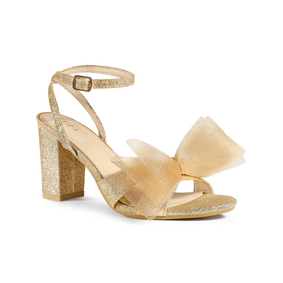 BLISSFUL STEP Glitter Heel Mesh Bow Block High Heel Sandal for Women Gold 7