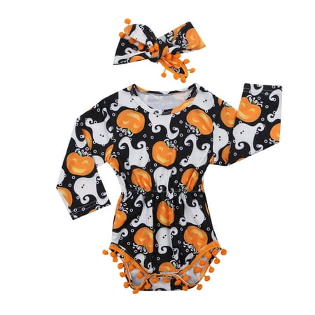 

Meihuida Newborn Girl Romper Outfits Ghost Pumpkin Printed Long Sleeve Round Neck Romper + Small Hairball Decor Headband Set