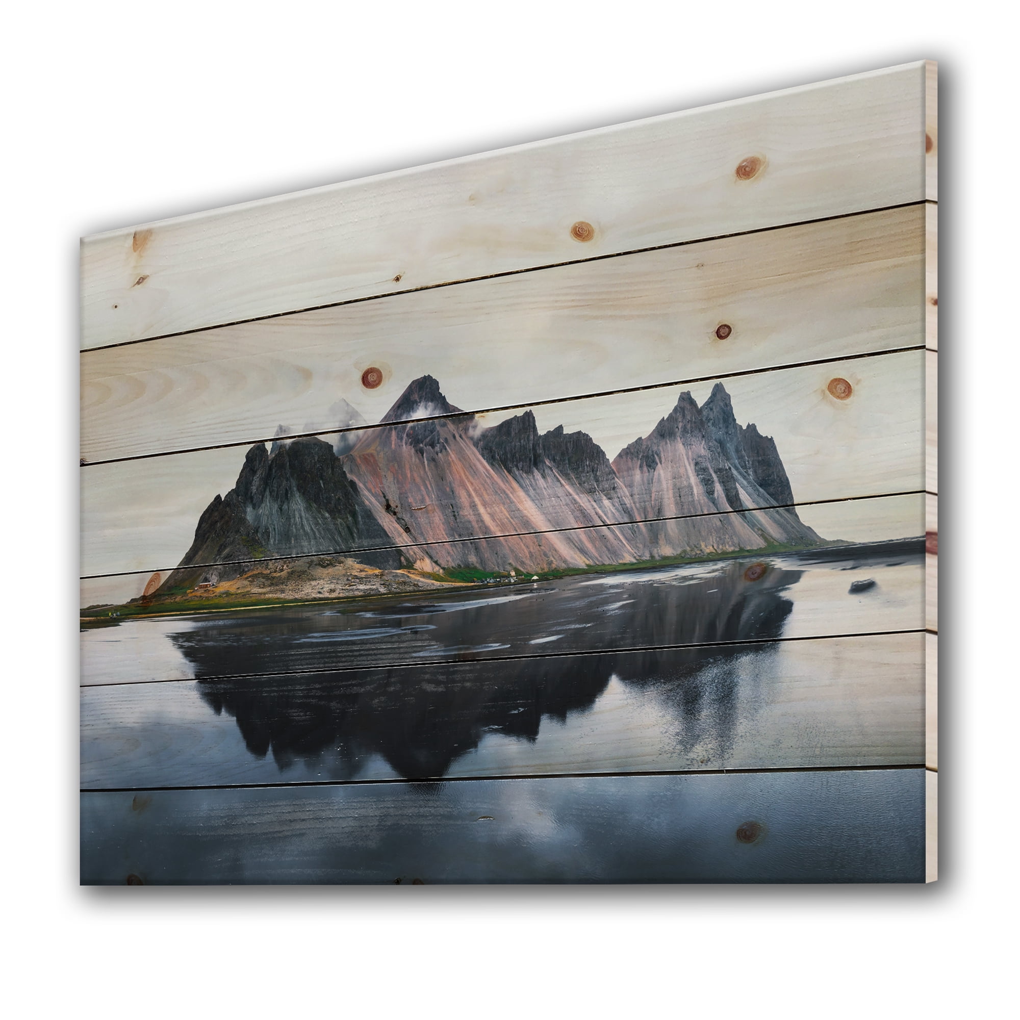 Designart 'Reflection of MountaIn Cliffs on Lake' Traditional Print on Natural Pine Wood