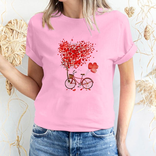 T-shirt à Manches Courtes Imprimé Amour de la Saint-Valentin pour Femmes, Col Rond