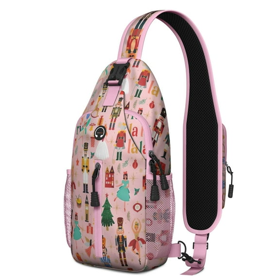 Sling Backpack,Pink Christmas Nutcracker Pattern Crossbody Bag with Water Bottle Holder,Waterproof Sling Bag for Men/Women with Chest Phone Holder for Hiking,Travel
