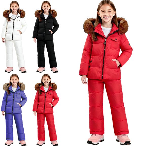 Afuyipoi Toddler Windproof Ski Suit Set 2-PC Hooded Jacket and Adjustable Bib Pants Red 2T