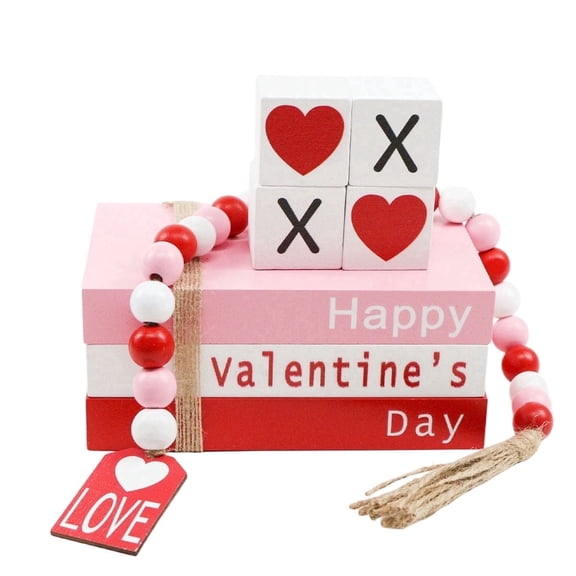 Valentines Day Decorations - Wooden Book Stack with 4 XOXO Signs for Tiered Trays,Coffee Tables,and Fireplace Mantels
