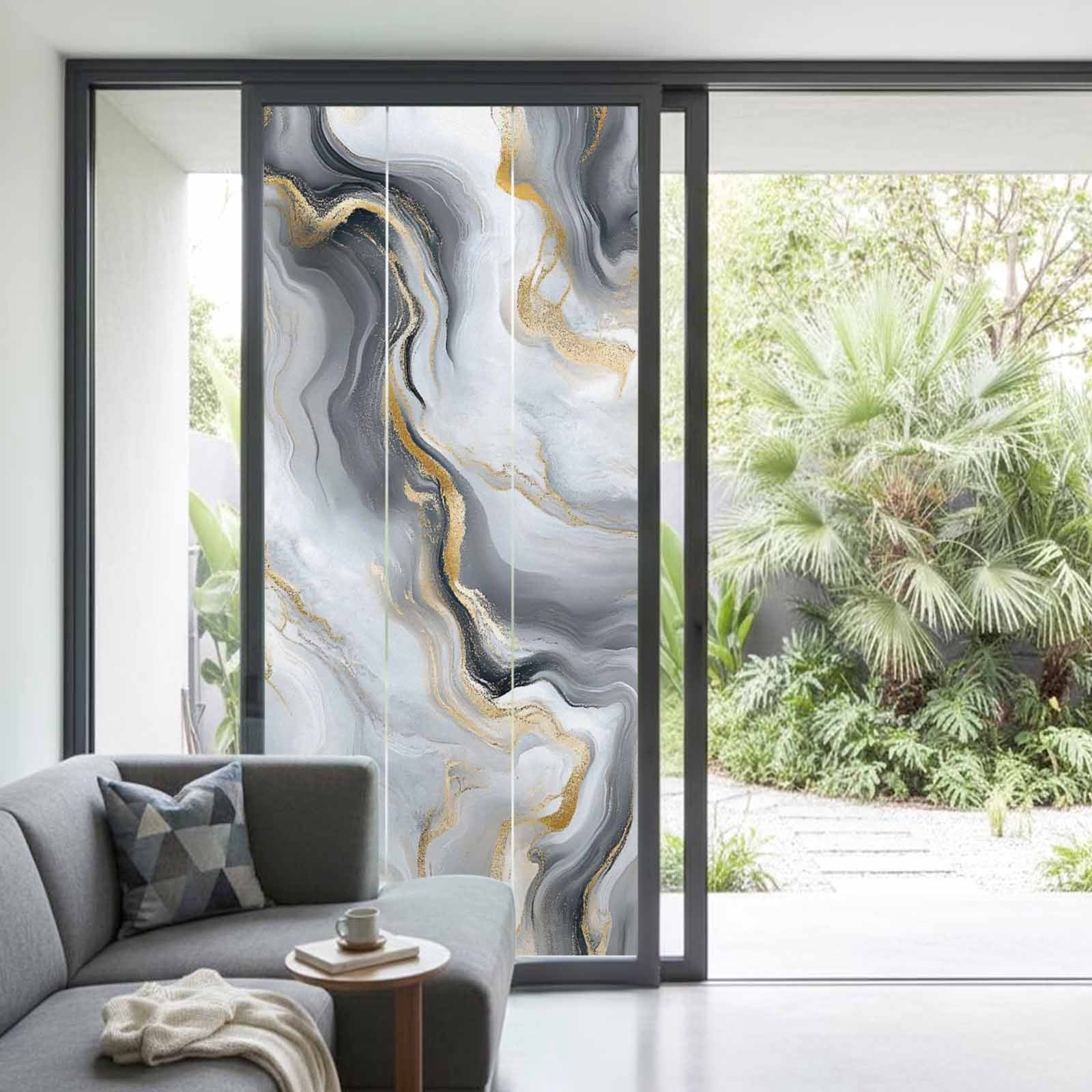 Abstract Marble Window Privacy Film Gradient Black White Gold Texture Decorative Glass Window Film UV Blocking Static Cling Non-Adhesive Sticker Covering for Home Door 35.4x78.7 inches