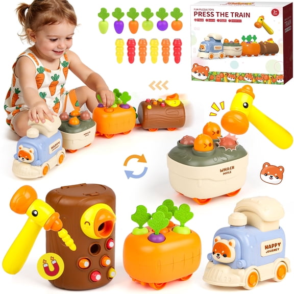 UQN Montessori Toys for Toddlers 1-3, 4-in-1 Press and Go Toy Cars, Carrot Harvest Game, Whack-A-Mole, Woodpecker Worm, Train Car Toy Christmas Birthday Gift for 12-36 Months Baby Boys Girls