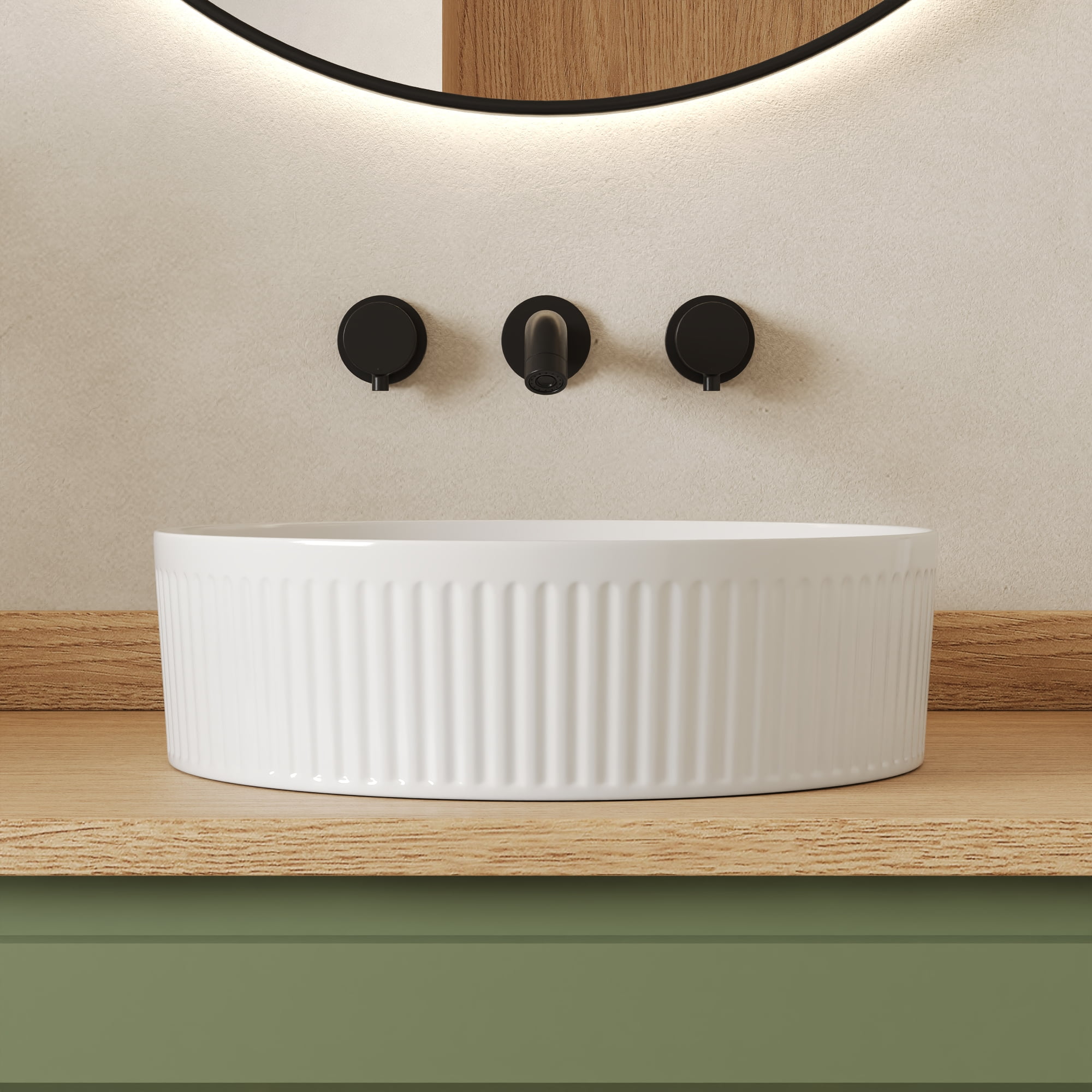 Modern 16 in. Round White Ceramic Bathroom Vessel Sink with Wavy Texture Design, Above Counter Single Bowl Art Basin