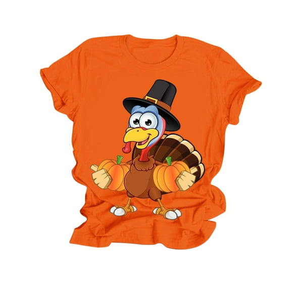 XDZJLR Thanksgiving Shirts For Women Day Printed Short Sleeve Crew Neck T Shirt Top Orange S