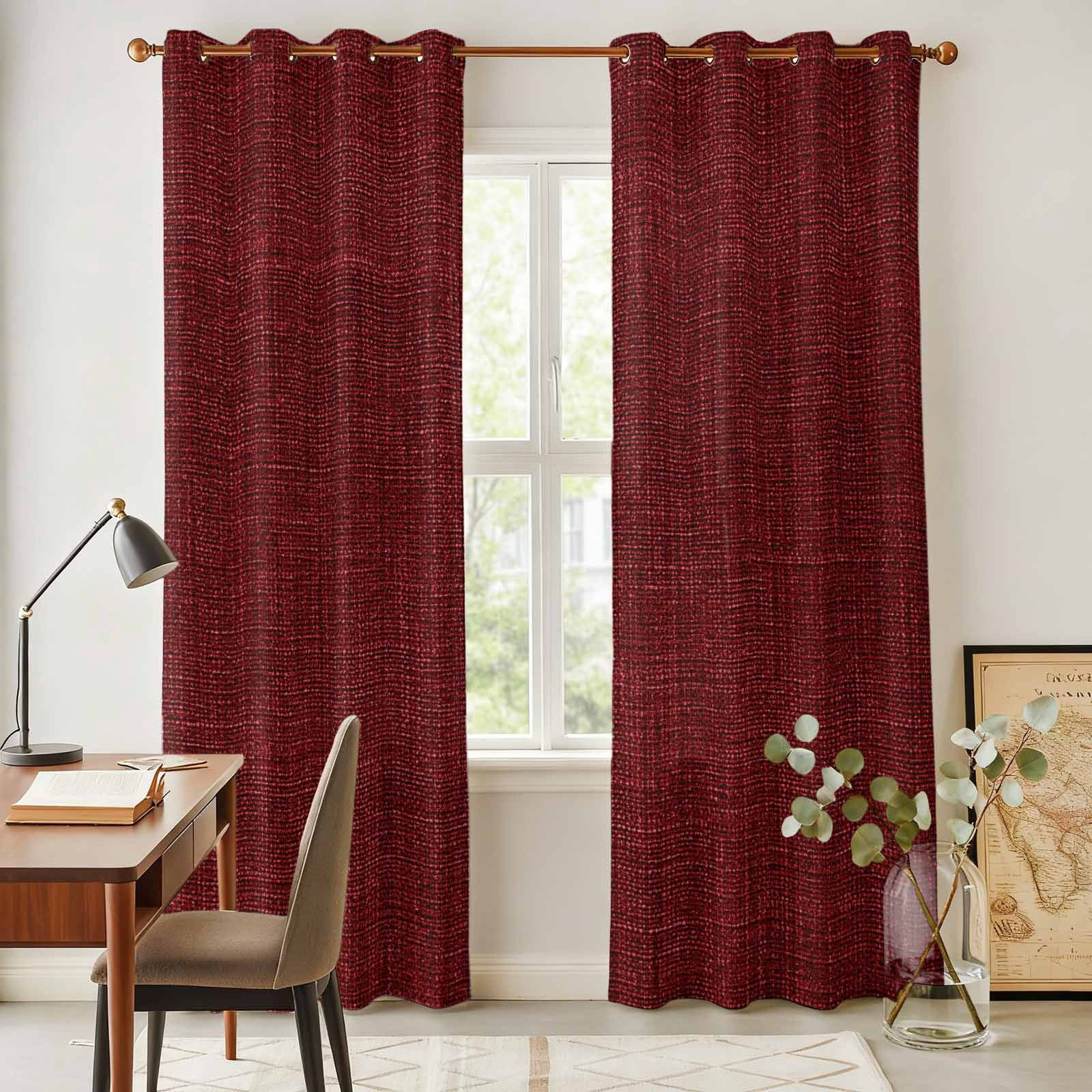Kitchen Curtains 84 Inch Length 2 Panels, Vintage Dark Red Grommets Window Treatment Curtain, Farmhouse Retro Solid Color Linen Texture Thermal Curtains Drapes for Living Room/Bathroom