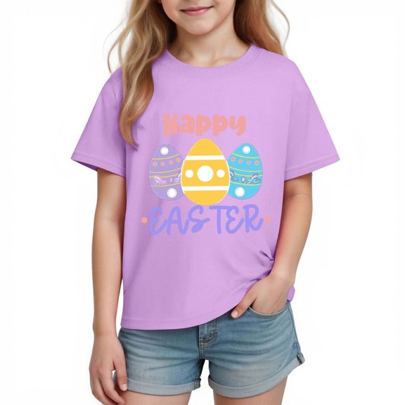 SERTG Girls Easter Floral Bunny Print Short Sleeve T Shirt Soft Lightweight Crew Neck Tee Casual Regular Fit Breathable Comfortable Spring Top Fashion Holiday T Shirt(Purple#1,13-14 Years)