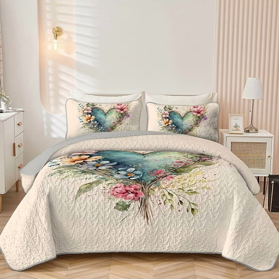 2/3-Piece Watercolor Floral Heart Quilt Set - Soft Microfiber Bedspread Coverlet with 1/2 Pillow Shams, Lightweight Reversible Bedding for All Seasons, Beige
