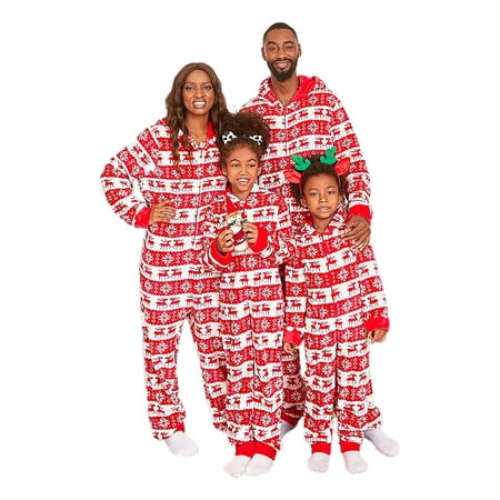 

JYYYBF Christmas Matching Family Pajamas Sets Snowflake Deer Reindeer Printed Zipper V-Neck Hooded Onesies Jumpsuit Homewear Red