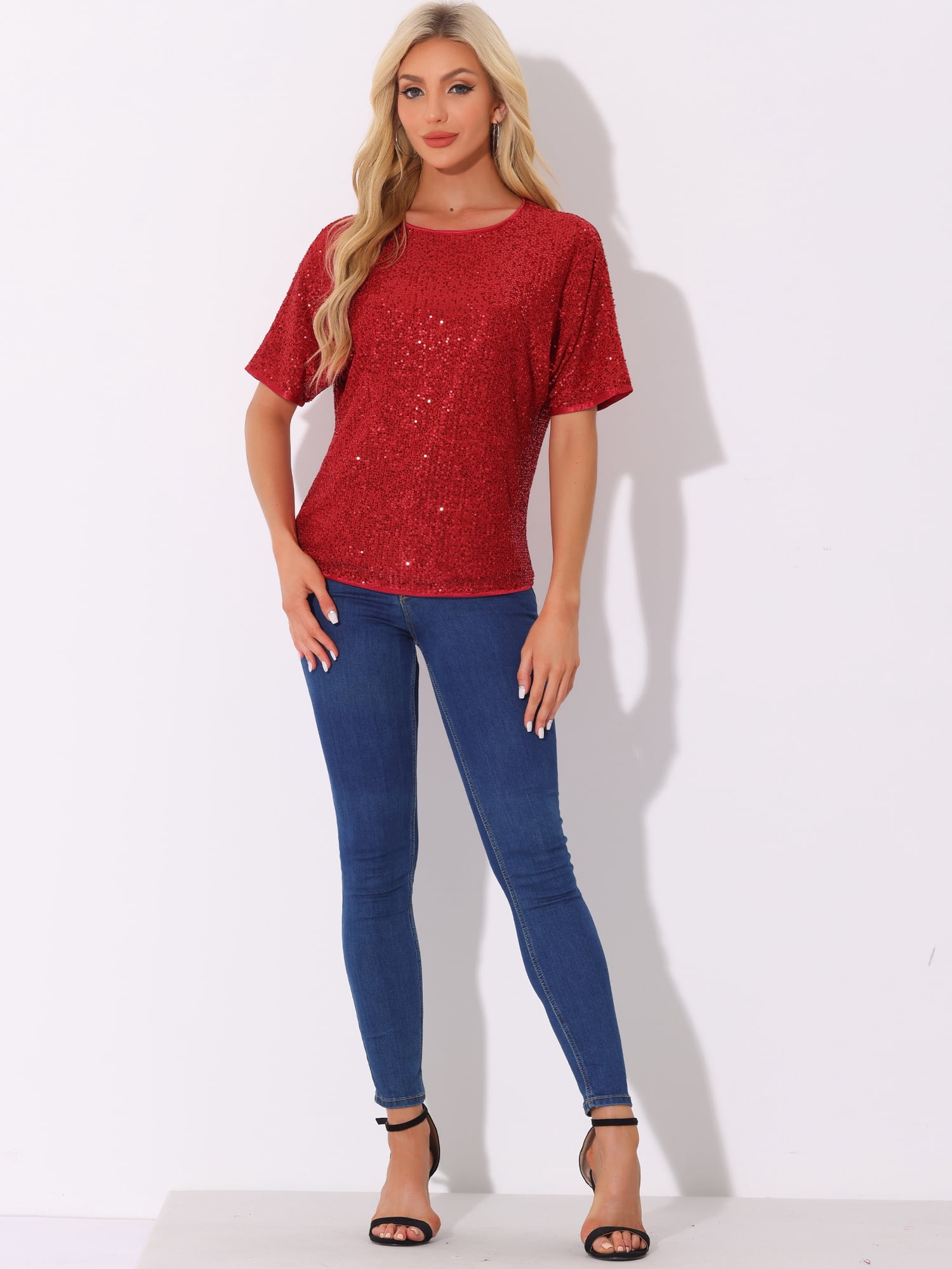 DARING DIVA Women's Costume Sequin Clubwear Blouses T-Shirts XL Red
