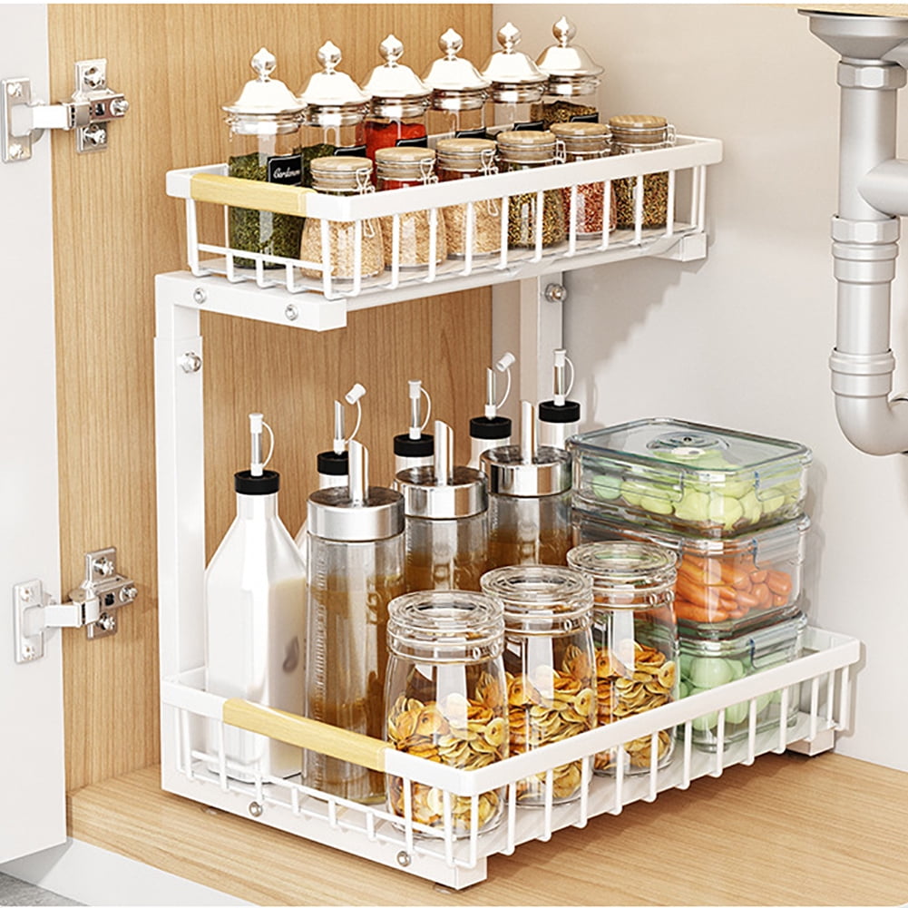 Historyli 2-Tier Under Sink Organizers Sliding Pull-Out Cabinet Storage Shelf,Metal Drawer for Bathroom Pantry Closet Organization Rack Rust-Resistant Heavy-Duty,Adjustable Height(16.5-19.2''),white