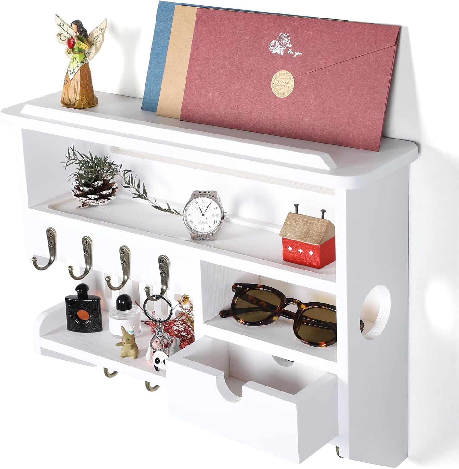 Key Holder for Wall, Mail and Key Holder, Mail Organizer Wall Mount with Storage Drawer and 10 Hooks, Easy Installation Key Holder for Home Decor, White