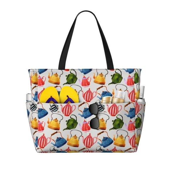 Balery Watercolor Teapots Beach Travel Bag - Water-Resistant, Large Capacity Lightweight Tote with 7 Pockets for Women and Men - Perfect for Beach, Pool, Gym, and Travel