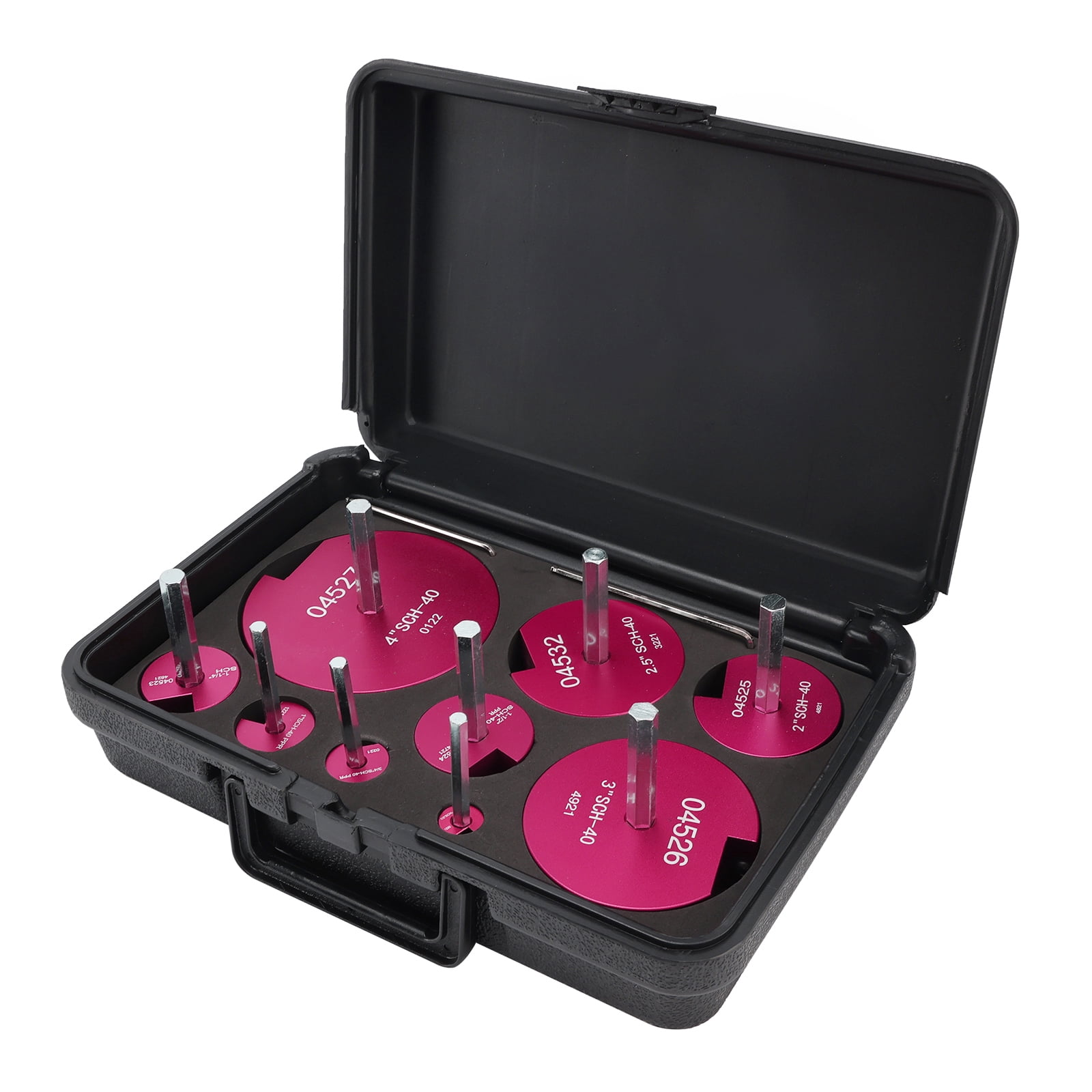 9 Piece Plastic Pipe Fitting Reamer Kit for 1/2" Drill, Includes0.5", 0.75", 1", 1.25", 1.5", 2", 2.5" 3", 4" Reamers, Carbide Cutting Inserts, For PVC, CPVC, ABS Pipe Fittings