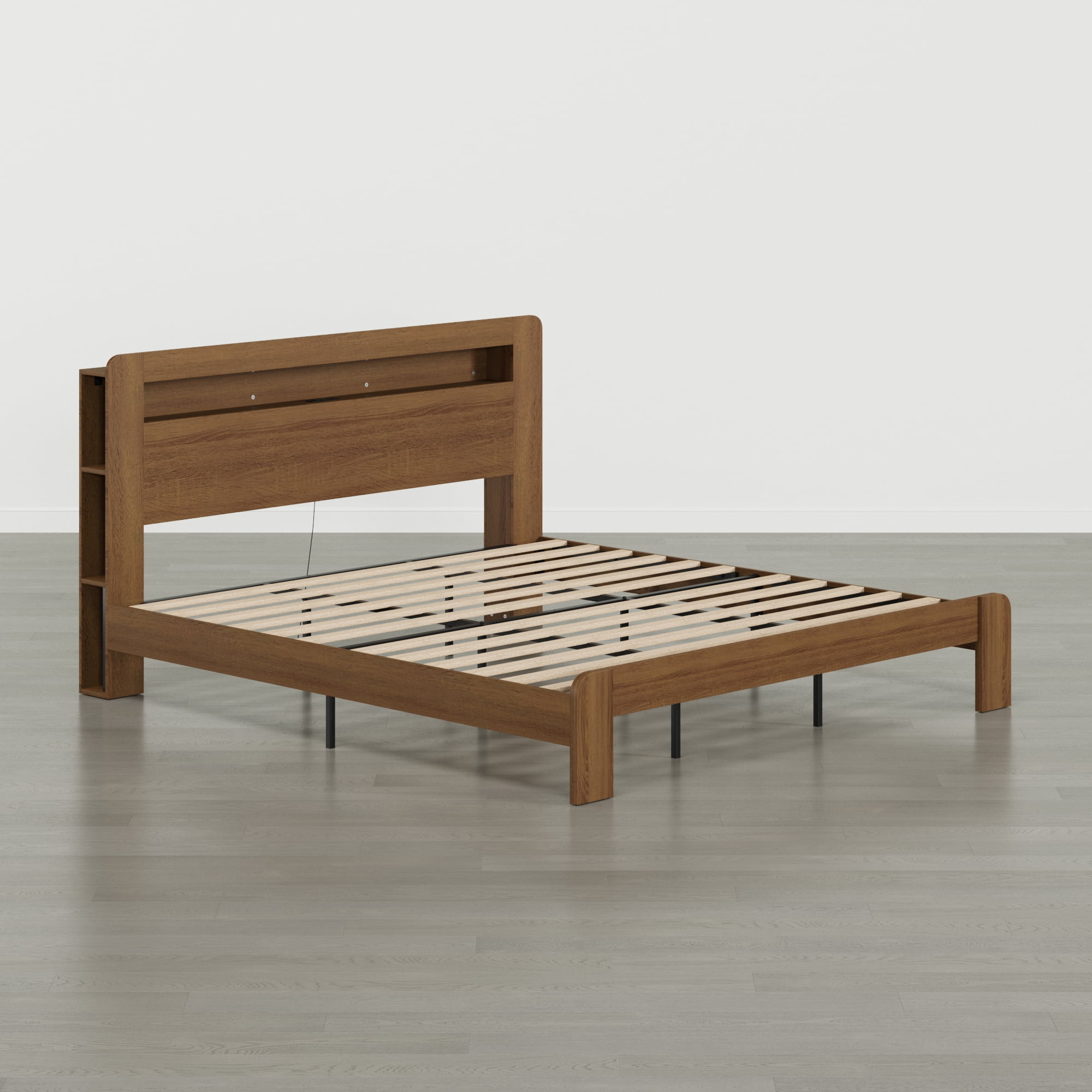 Spruce & Spring Modern Wood Queen Bed Frame with LED Lights, Storage Headboard & Charging Station, Noise-Free, No Box Spring Required, Easy Assembly, Walnut