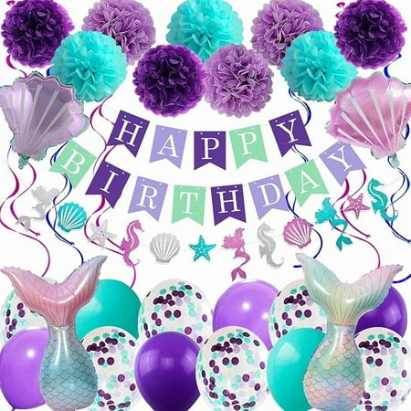 Mermaid Birthday Party Decorations Supplies Banner Tassel Garland Bubble Garland Hanging Jelly Fish Paper Lanterns Balloons Cake Topper Mermaid Happy Birthday Decorations for Kids Girls Women