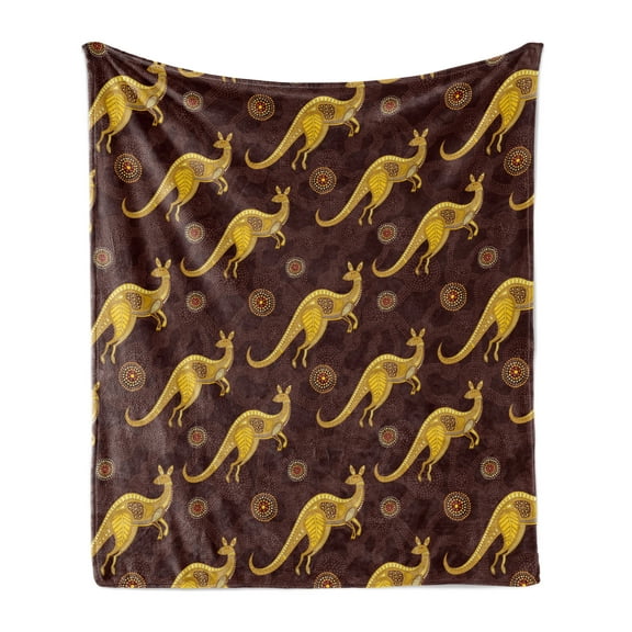 Australia Soft Flannel Fleece Blanket, Dotted Kangaroos Pattern with Abstract Geometric Shapes Cultural Art, Cozy Plush for Indoor and Outdoor Use, 60" x 80", Dark Yellow and Maroon, by Ambesonne