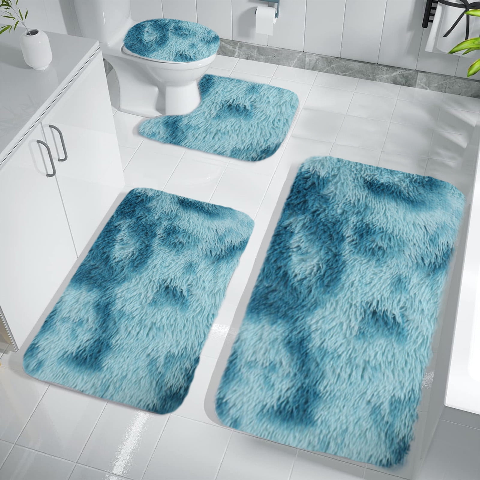 Qocolhg Mixed Colors Shaggy Bath Mats of 4 Piece U-Shaped Contour Toilet Rug, Soft Comfortable Water Absorption Non-Slip Bath Mat, Shower Mat for Floor, Room Door Mat, Machine Washable, Blue