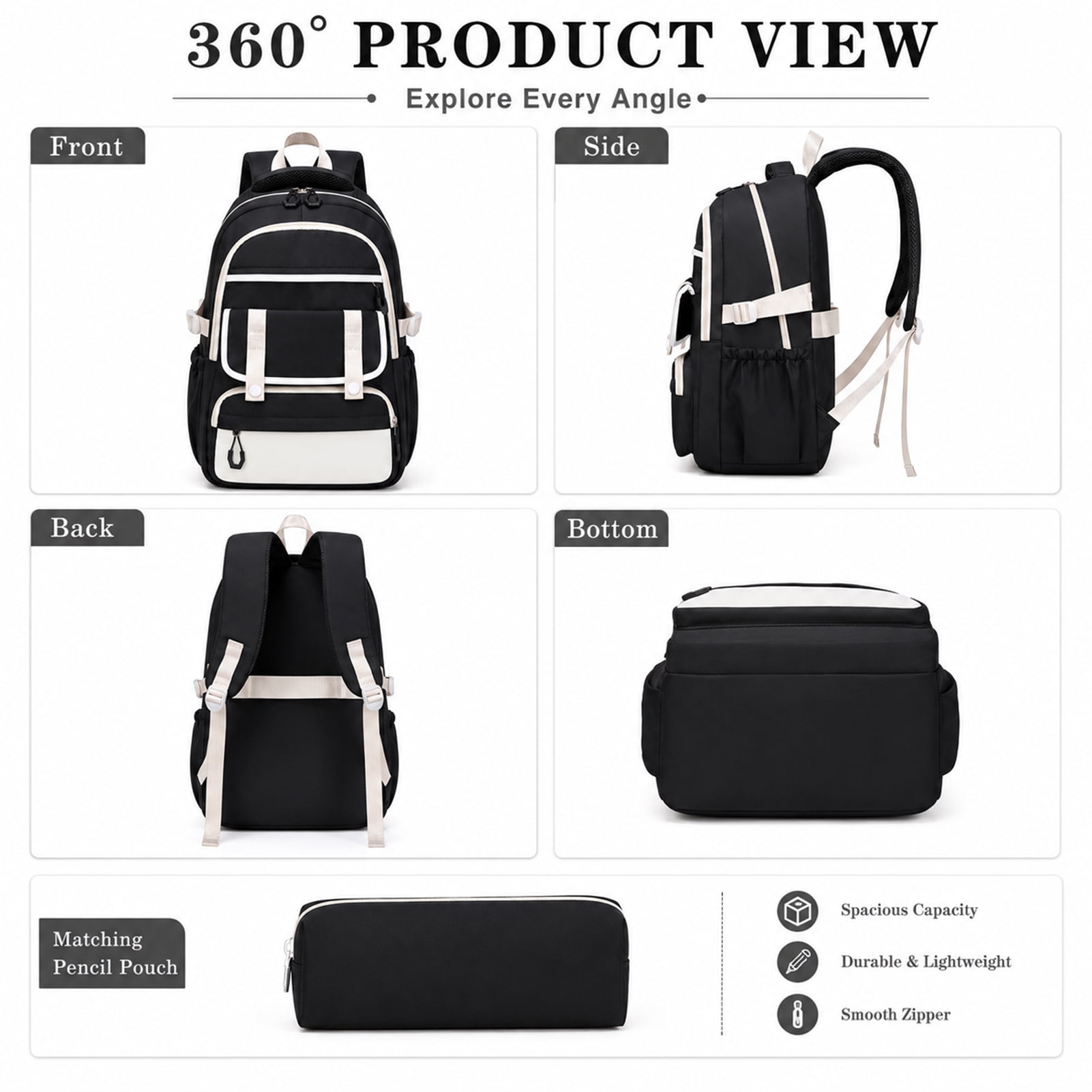 Women's Backpack - 18" Black and White Large Capacity Casual Backpack, Nylon Material, Multiple Compartments, Adjustable Shoulder Straps, Basic Backpack with Coin Pocket