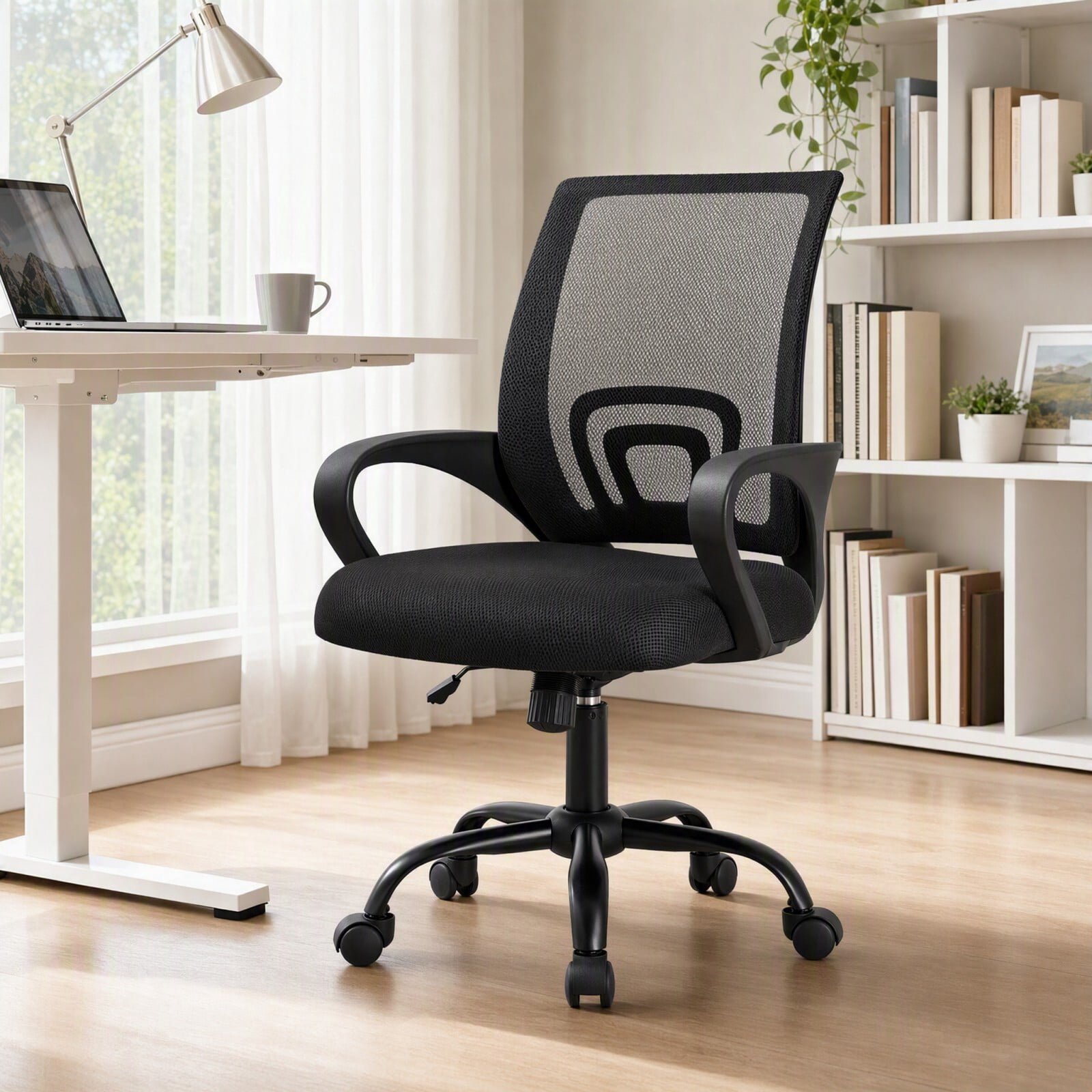 Kelno Mid-Back Mesh Office Chair 250lb Capacity Ergonomic Desk Chair with Lumbar Support Adjustable Height Rocking Task Chair, Black