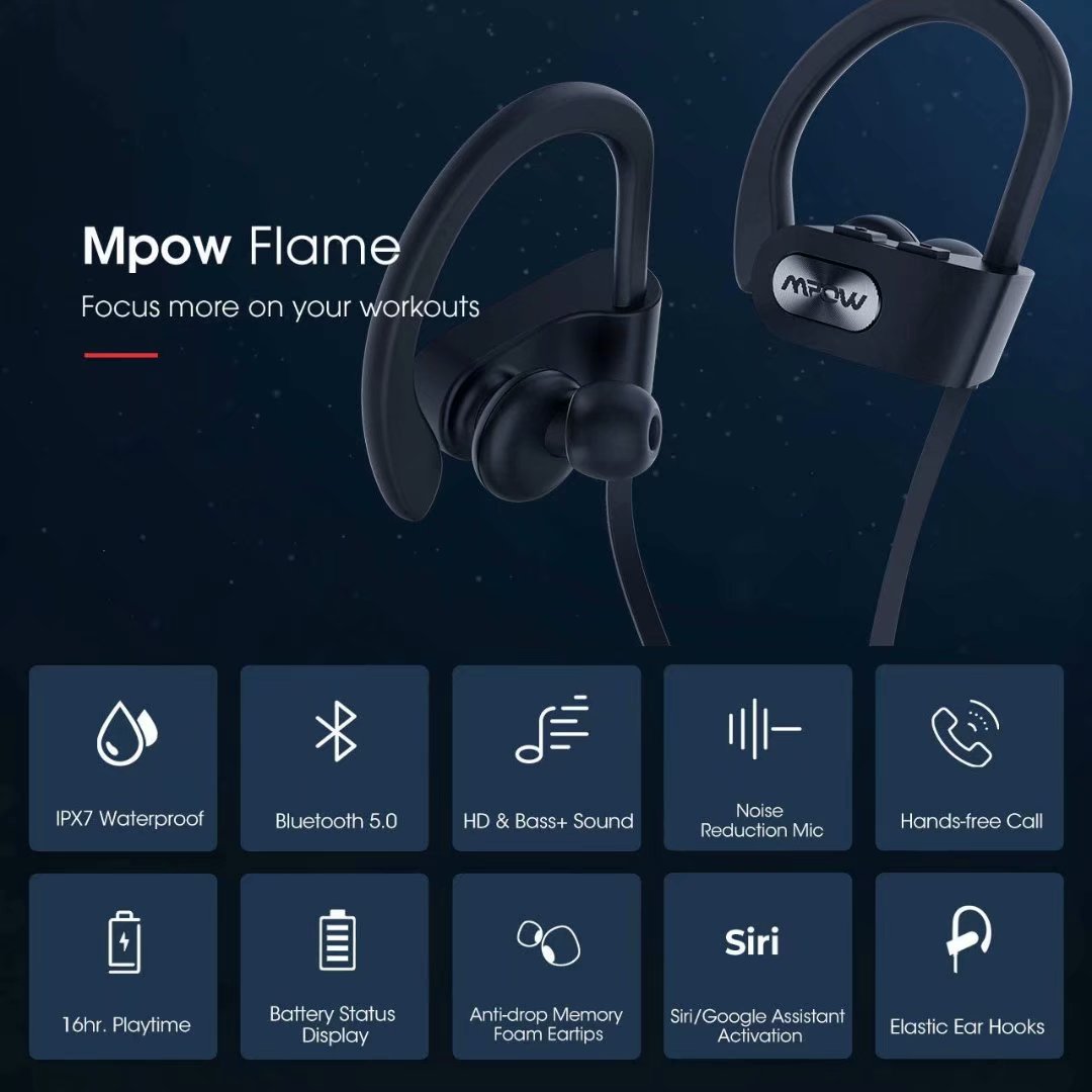 Mpow Flame Wireless Bluetooth V5.0 Headphones,IPX7 Waterproof, Bass+ HD Stereo Wireless Sport Earbuds,CVC6.0 Noise Cancelling Mic for Home Workout,Running,Gym Classic Black - image 5 of 8