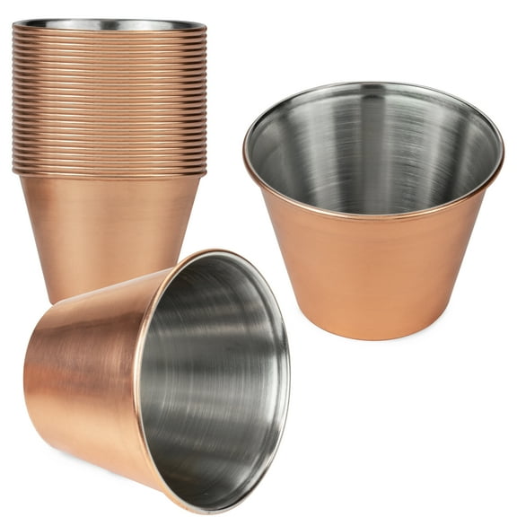 [24 Pack] 2.5 oz Stainless Steel Sauce Cups - Copper Plated Individual Round Condiments Ramekins, Commercial Grade Safe / Portion Dipping Sauce Kitchen Set