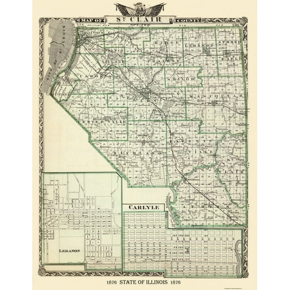 Historic County Map - St Clair County Illinois  - Warner 1876 - 23 x 29.56 - Vintage Wall Art
