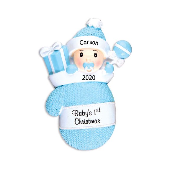 Ornaments by Elves Personalized Baby's First Christmas 2024 Ornament Boy Blue Mitten Ornament .25lbs