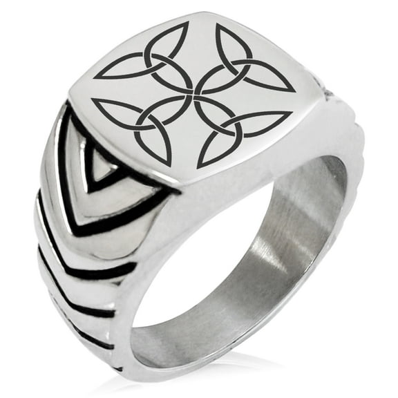 Stainless Steel Celtic Carolingian Cross Triquetras Chevron Pattern Biker Style Polished Ring