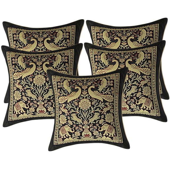 Stylo Culture Ethnic Couch Throw Pillow Covers 12 x 12 Jacquard Peacock Black Square 30cm x 30cm Home Decor Brocade Elephant Zippered Cushion Covers | Set Of 5