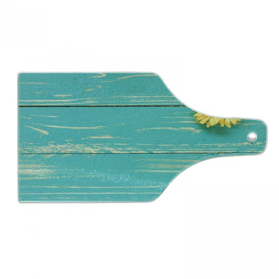 Rustic Cutting Board, Flower on Vintage Wooden Backplane Floral Beauty Redolence Springtime Nature, Tempered Glass Cutting and Serving Board, Wine Bottle Shape, Turquoise Yellow, by Ambesonne