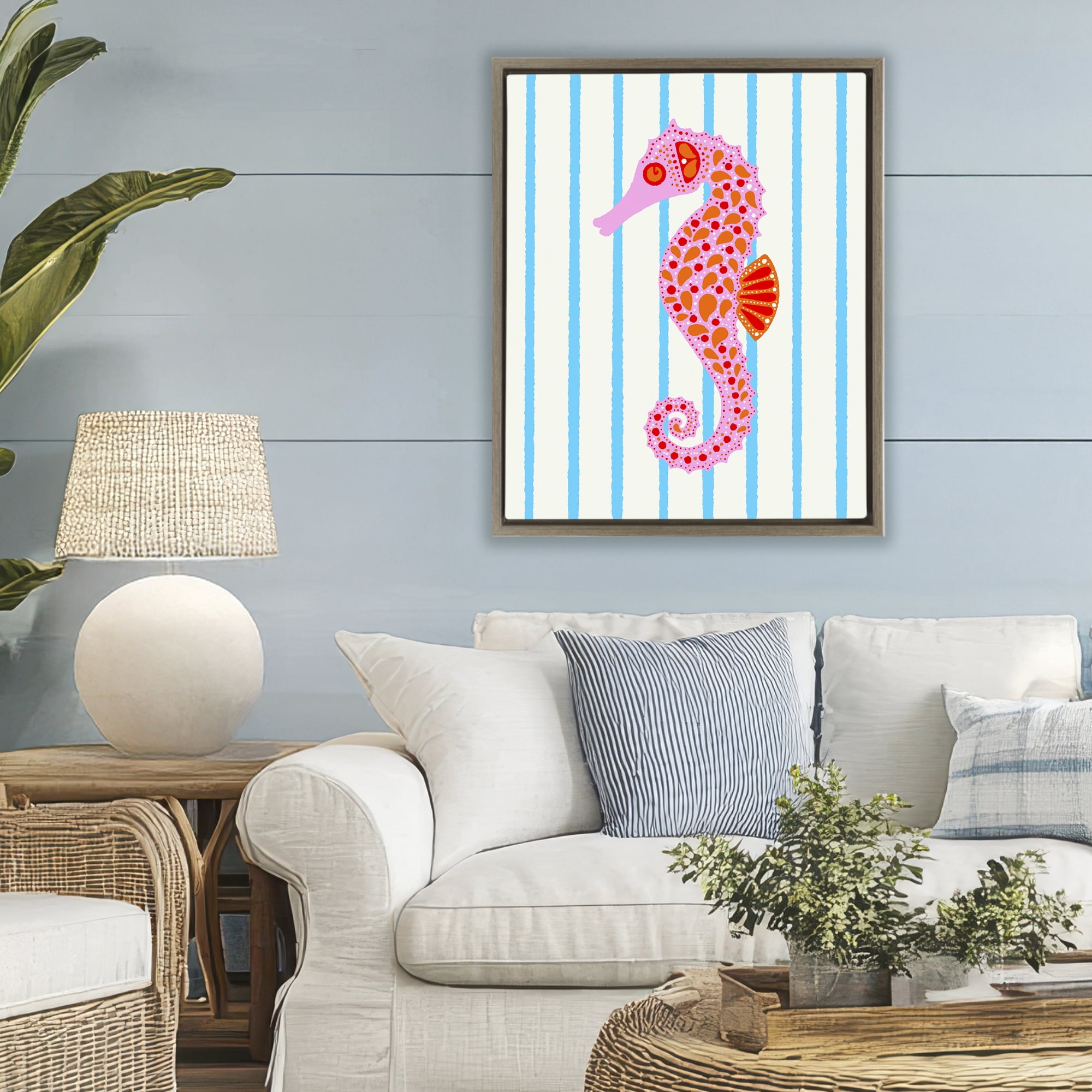 Stupell Industries Boho Seahorse on Stripes Brown Framed Floater Canvas Wall Art, design by Indira Prieto | IndySign