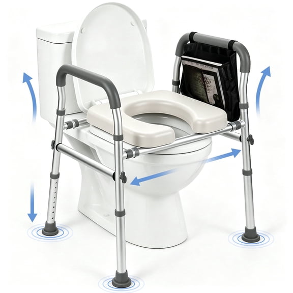 DQQKMM 4-in-1 Adjustable Raised Toilet Seat with Handles & Padded Cushion, 300 lbs Capacity, for Seniors