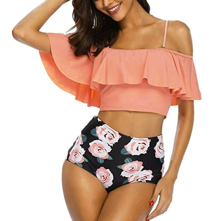 MSJUHEG Swimsuit Sets Red Swimsuit Women High Waisted Bikini Sets for Women Two Pieces Top Ruffled with Bottom Bikini Set Bikini Sets for Women Bathing Suit for Women Bikini Watermelon Red L