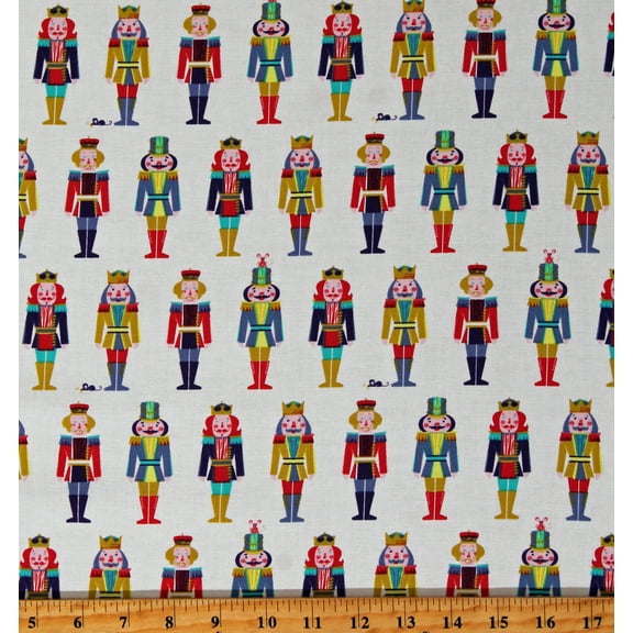 Cotton Nutcrackers Christmas Decorations Holidays Winter Night of the Nutcracker In A Row Ecru Cotton Fabric Print by the Yard (12019531)
