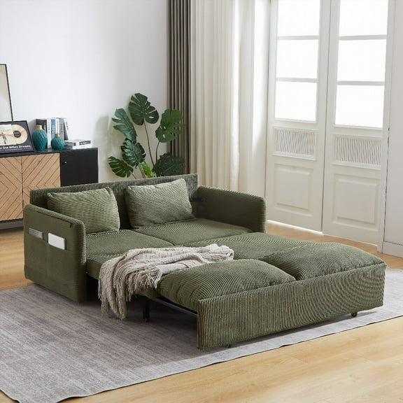 Modern Corduroy 64.5 Inch Sleeper Sofa Bed with Pullout & Side Pockets