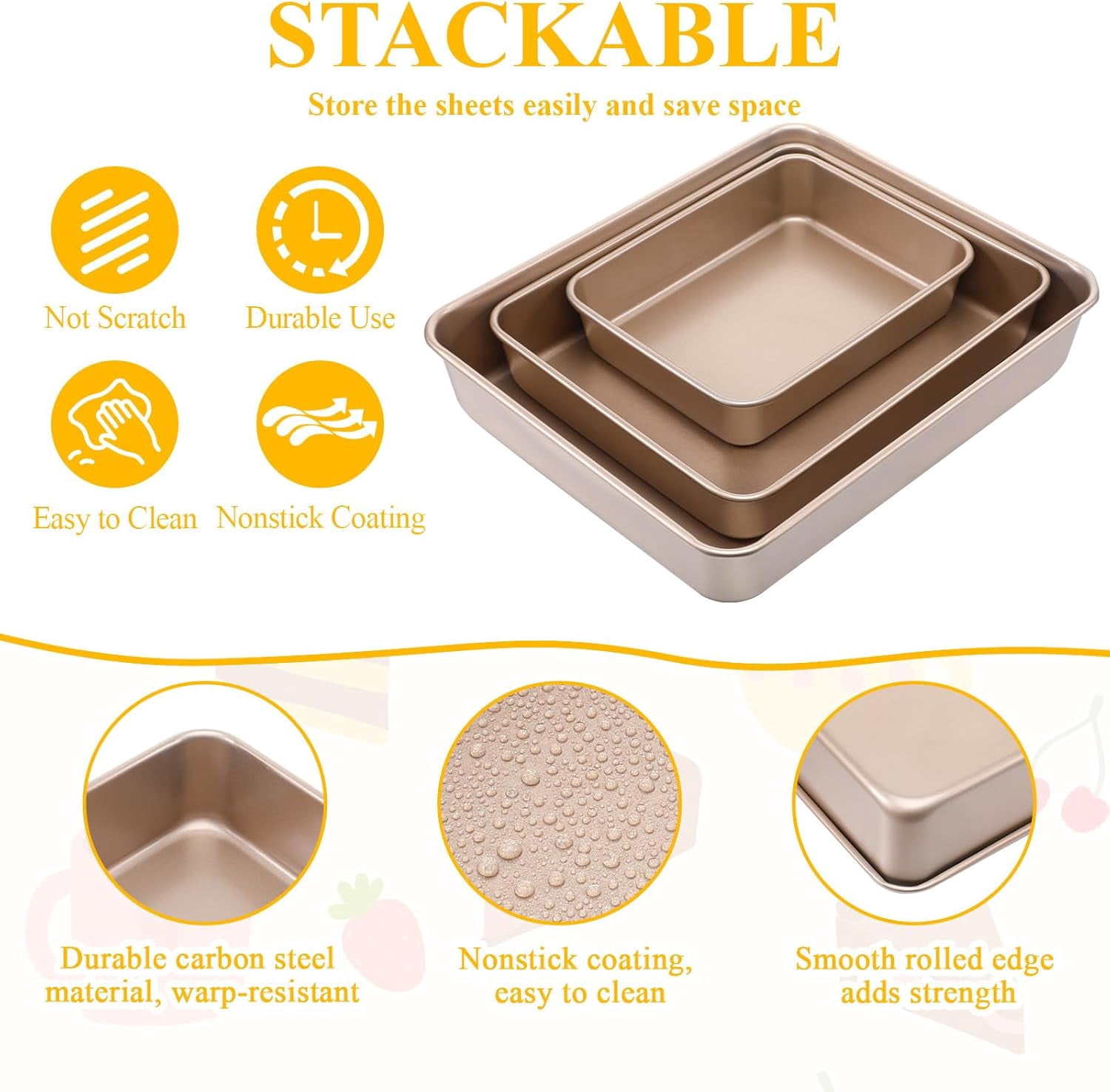3 Pack Baking Pan Set 9/11/13 Inch Nonstick Rectangle Cake Pan Stackable Bakeware Bread Pans Cookie Sheets Oven Trays for Baking Lasagna Deep-Dish Pizza Brownies Casseroles, Gold