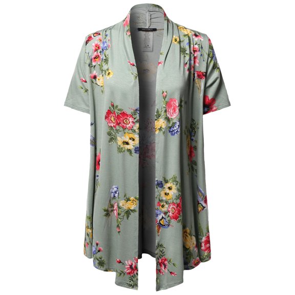 FashionOutfit Women's Open Front Short Sleeves Floral Print Cardigan - Made in USA