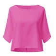 thumbnail image 5 of Womens Tops Shirts Solid Color Casual Crewneck 3/4 Sleeve Linen Crop Plus Sizes Plain Tees Blouses Hot Pink, 5 of 8