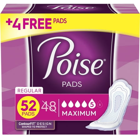Poise Incontinence Pads for Women, Maximum Absorbency,Regular, 52 Ct