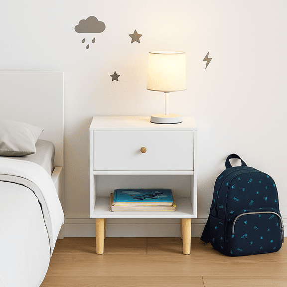 Homy Casa 23.22" H White Wooden Nightstand with 1 Drawer and Open Shelf, MDF Bedside Table for Kids Adults, for Bedroom Playroom Living Room Small Space Storage
