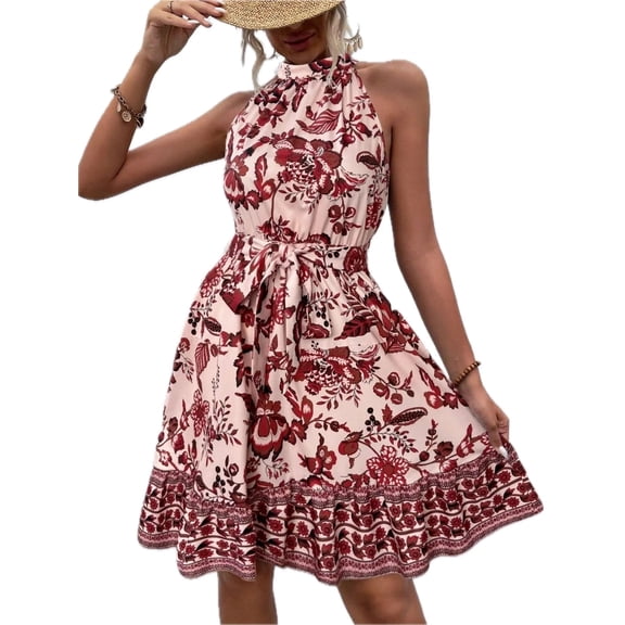 Women's Floral Halter Neck Summer Dress with Belt 100% Polyester Lightweight Breathable Easy Care for Warm Days